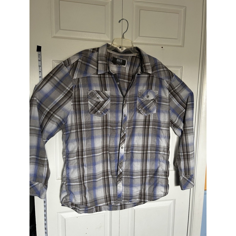 BKE Men's Tailored Fit Long Sleeve Button Front Shirt Blue Plaid Pockets XXL